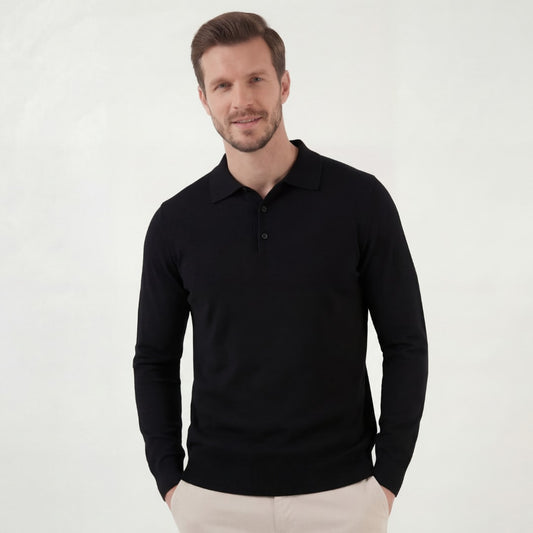 Herren Strickpoloshirt Langarm Schwarz | Kurt_1
