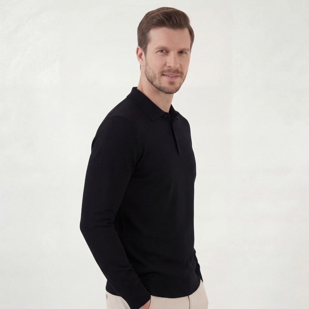 Herren Strickpoloshirt Langarm Schwarz | Kurt