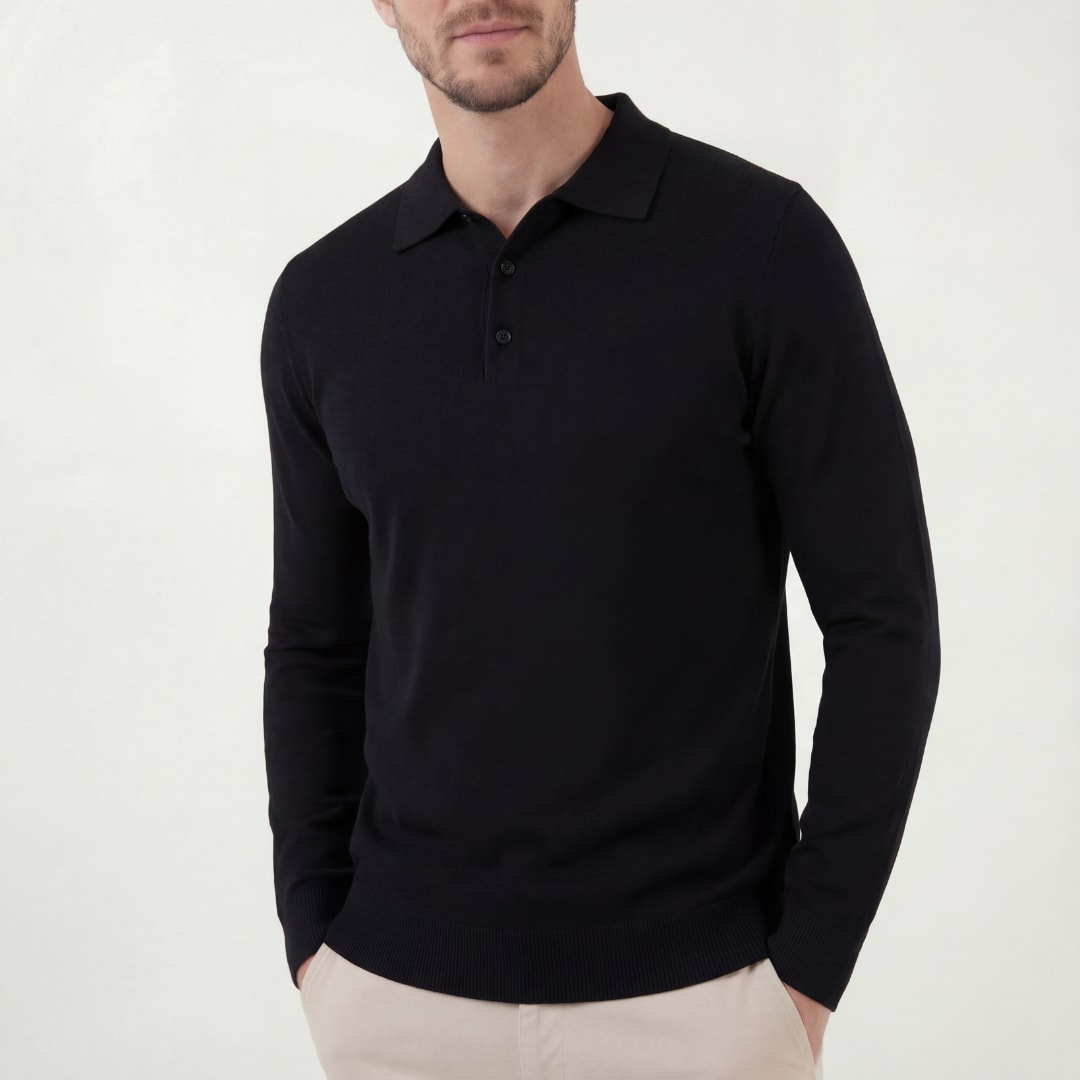 Herren Strickpoloshirt Langarm Schwarz | Kurt_4