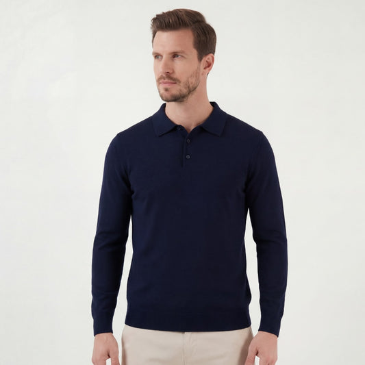 Herren Strickpoloshirt Langarm Marineblau | Lambert_1