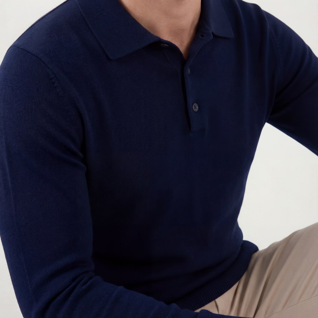 Herren Strickpoloshirt Langarm Marineblau | Lambert