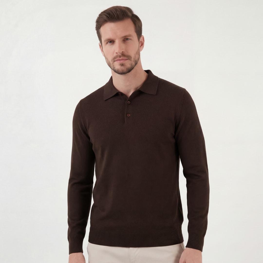 Herren Strickpoloshirt Langarm Dunkelbraun | Lars