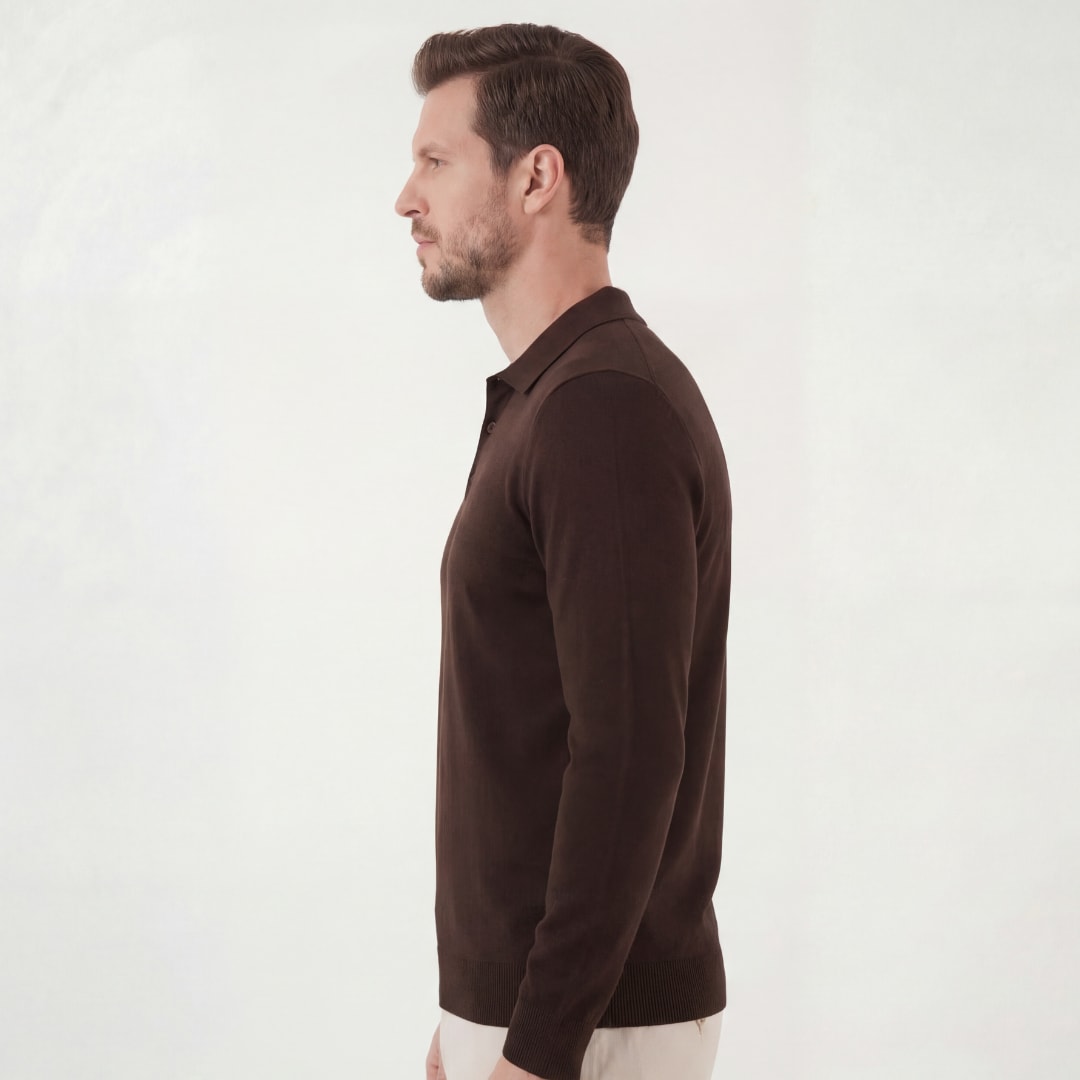Herren Strickpoloshirt Langarm Dunkelbraun | Lars_2