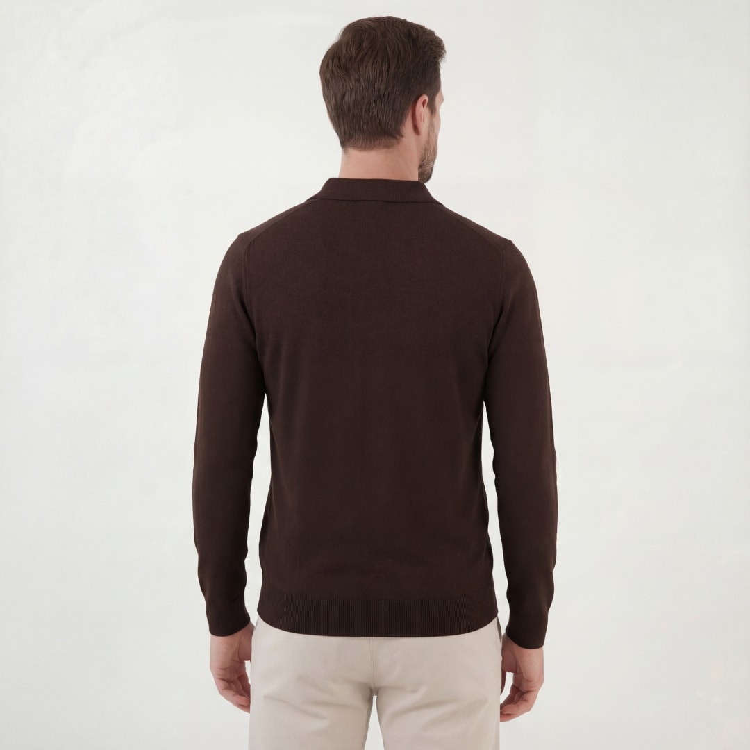 Herren Strickpoloshirt Langarm Dunkelbraun | Lars_3