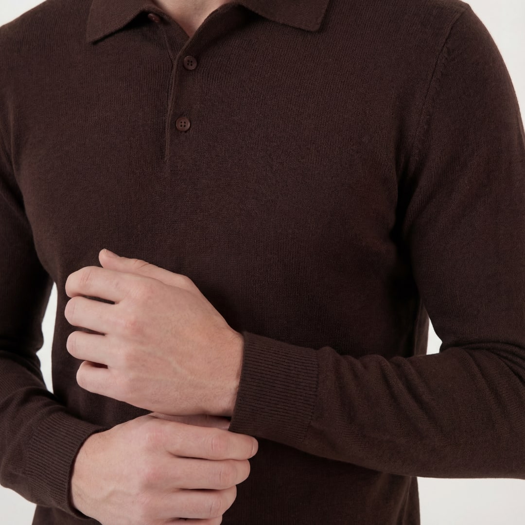 Herren Strickpoloshirt Langarm Dunkelbraun | Lars