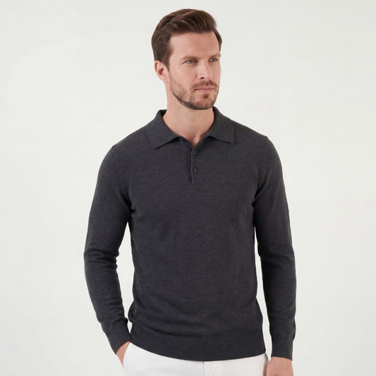 Herren Strickpoloshirt Langarm Anthrazit | Eckhard_1