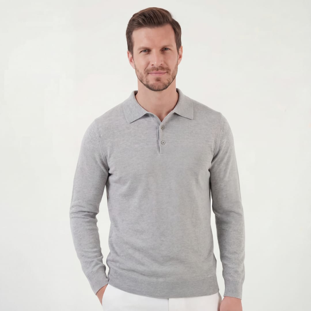 Herren Strickpoloshirt Langarm Hellgrau | Lennart_1