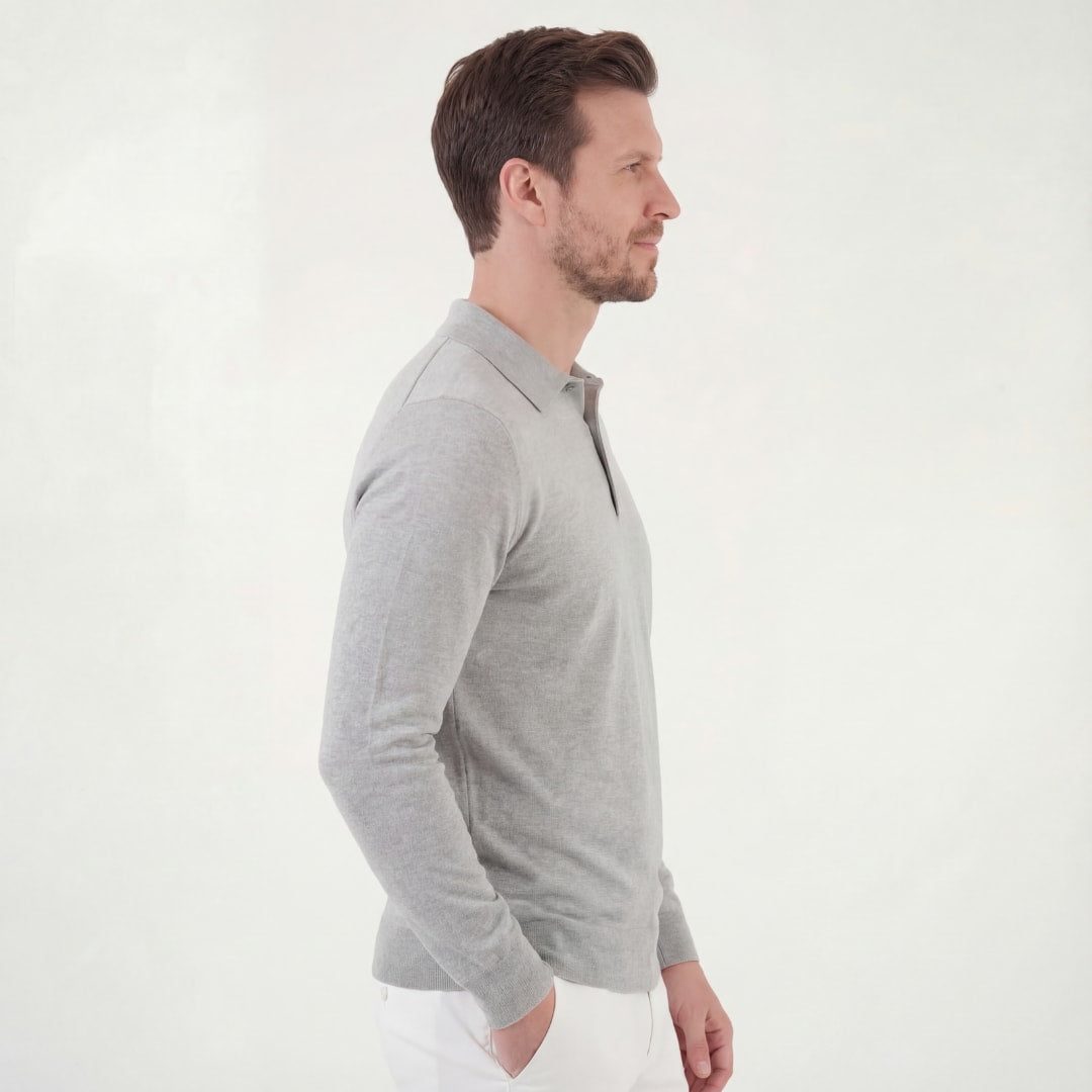 Herren Strickpoloshirt Langarm Hellgrau | Lennart_2