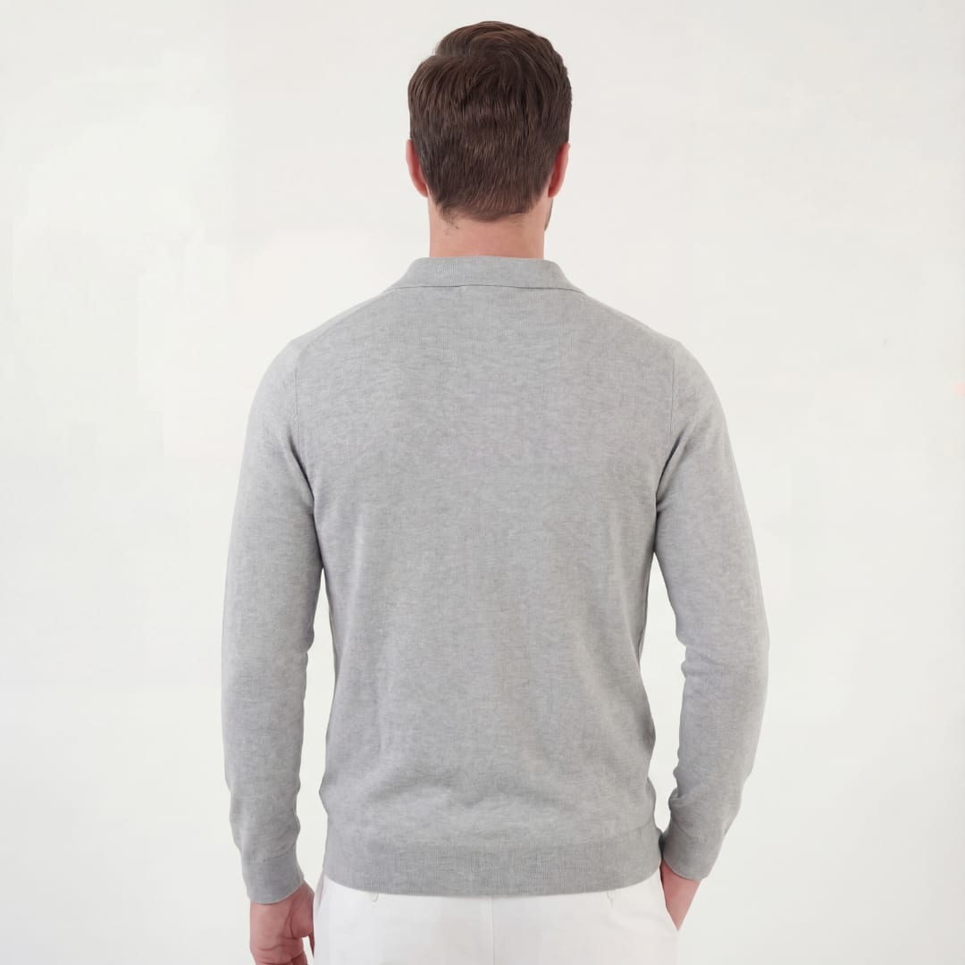 Herren Strickpoloshirt Langarm Hellgrau | Lennart_3