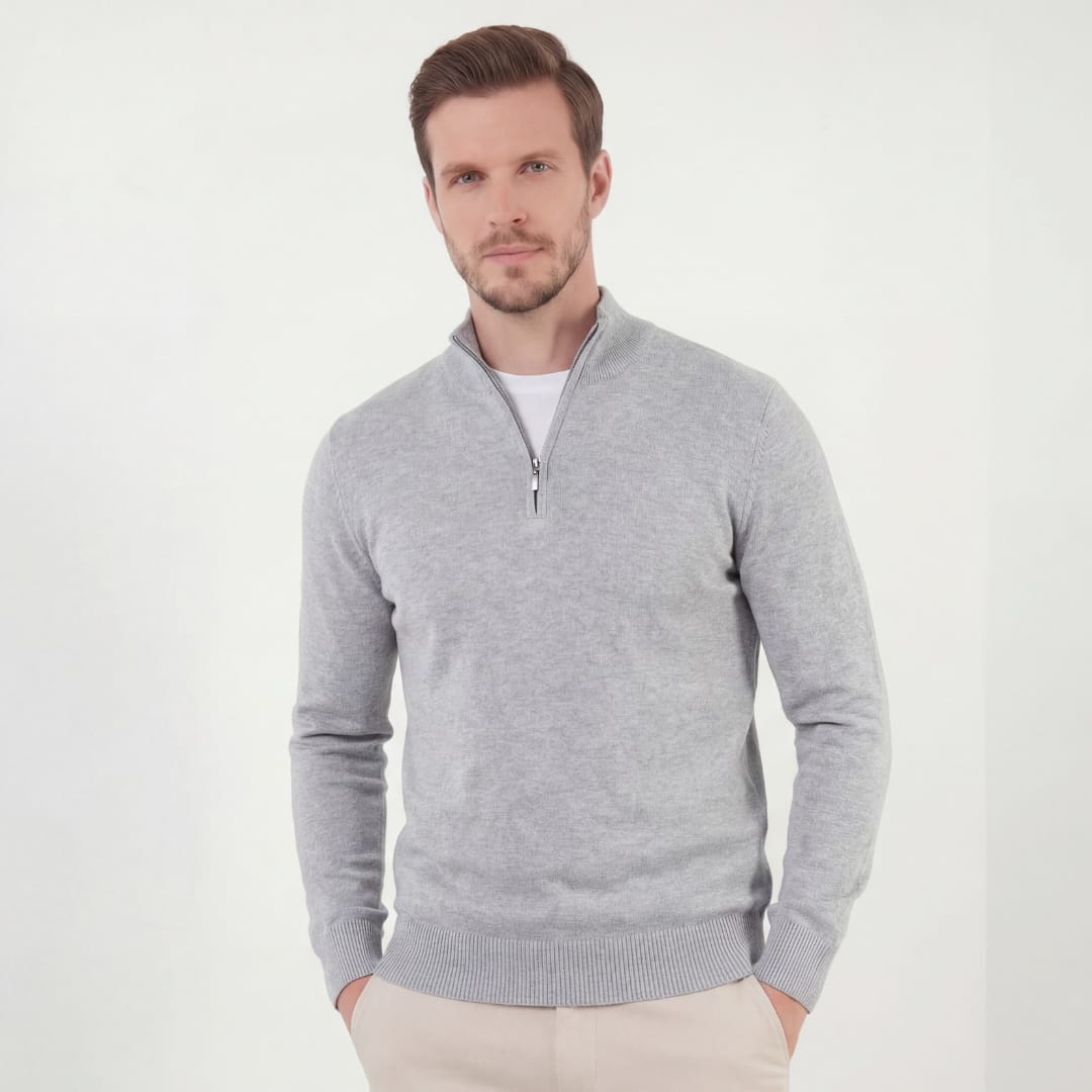 Herren Strickpullover Grau Meliert mit Stehkragen | Jobst_1
