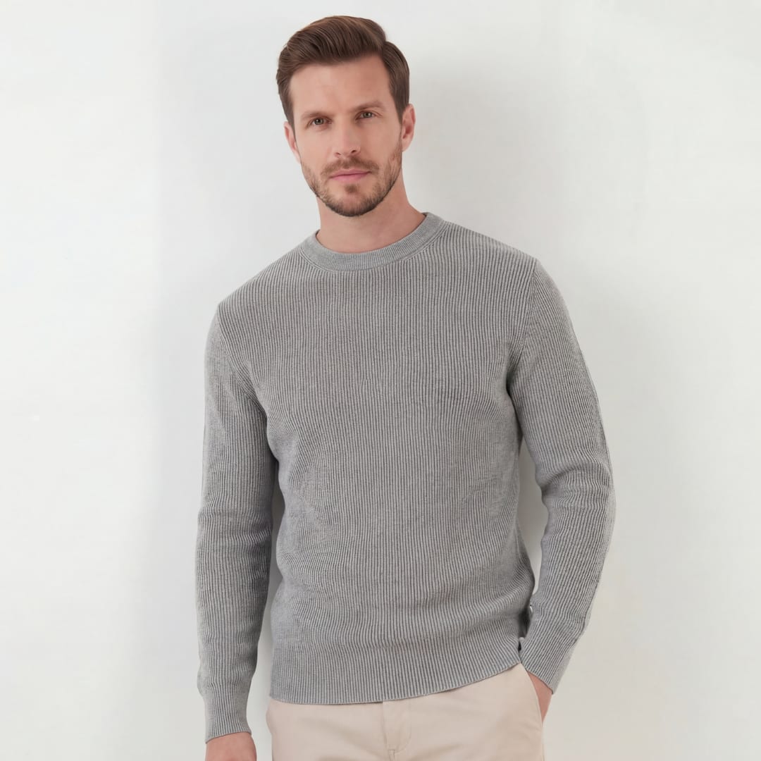 Herren Rippstrickpullover Melange mit Rundhalsausschnitt | Rudolf