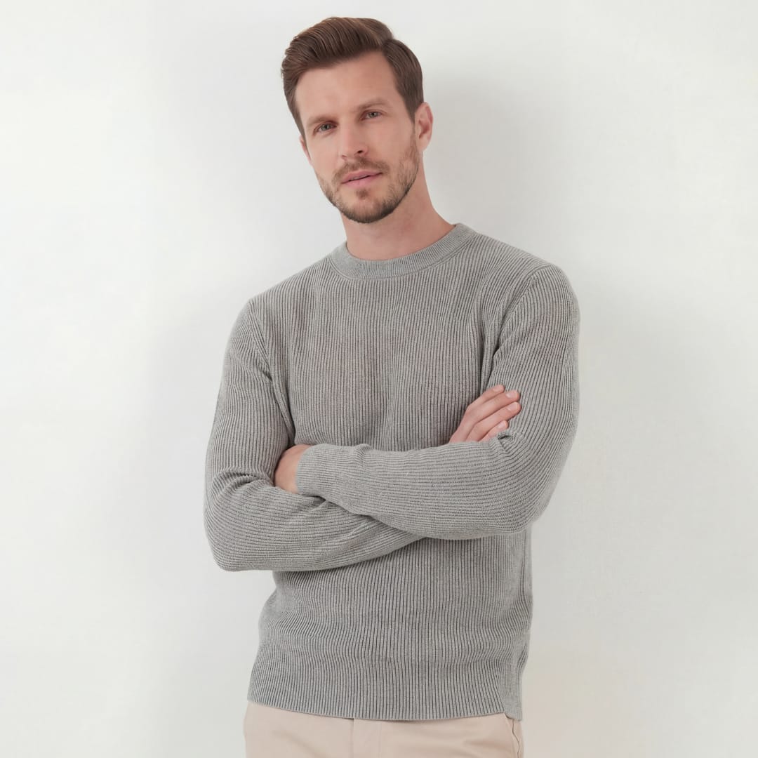 Herren Rippstrickpullover Melange mit Rundhalsausschnitt | Rudolf