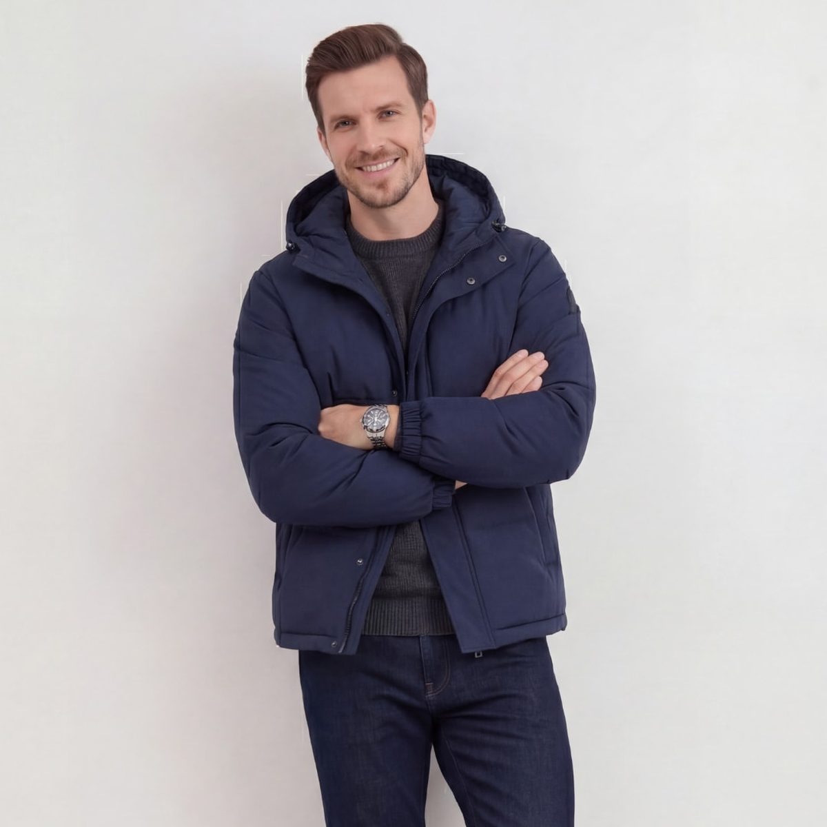Kategoriekachel Jacken und Westen: Herren Steppjacke mit Kapuze in Marineblau