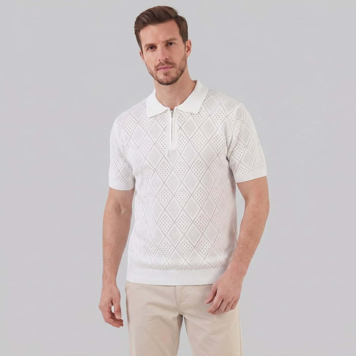 Herren Strickpoloshirt mit Reißverschluss Rautenmuster | Leo_1