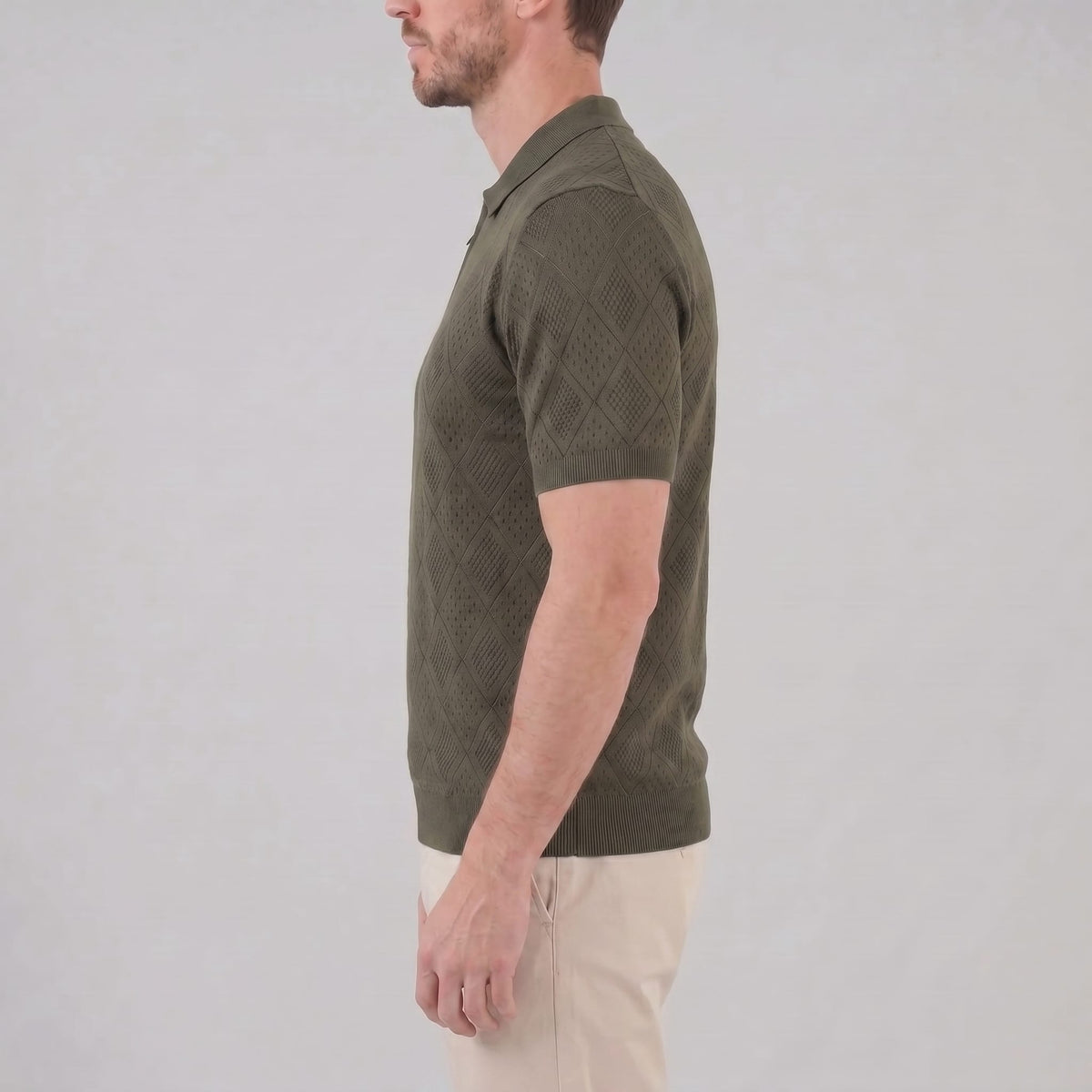Herren Strickpoloshirt mit Reißverschluss Rautenmuster | Leo