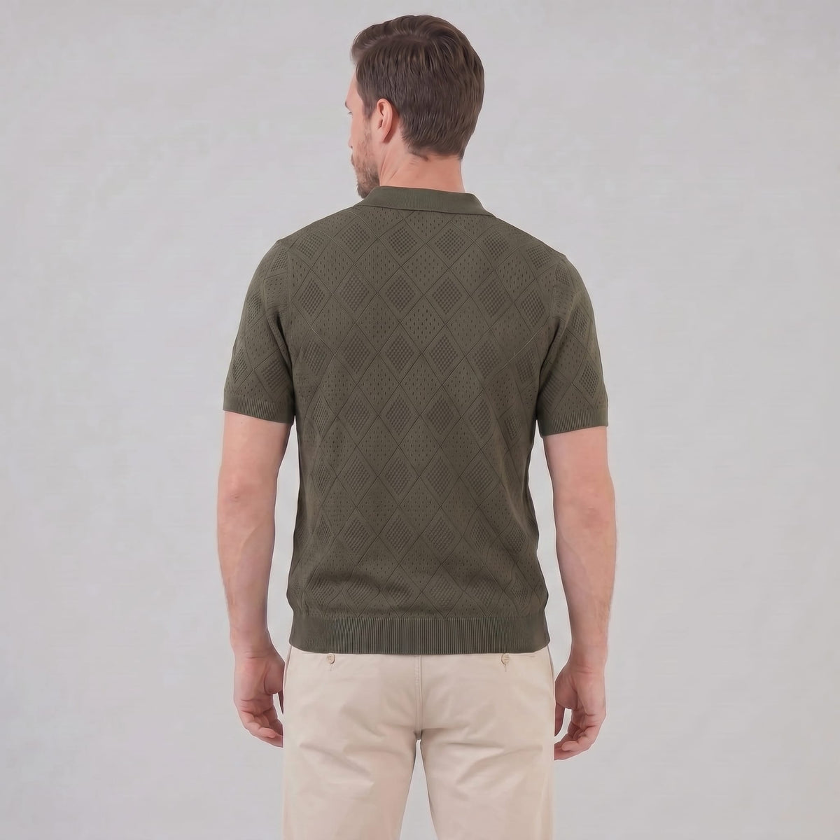 Herren Strickpoloshirt mit Reißverschluss Rautenmuster | Leo