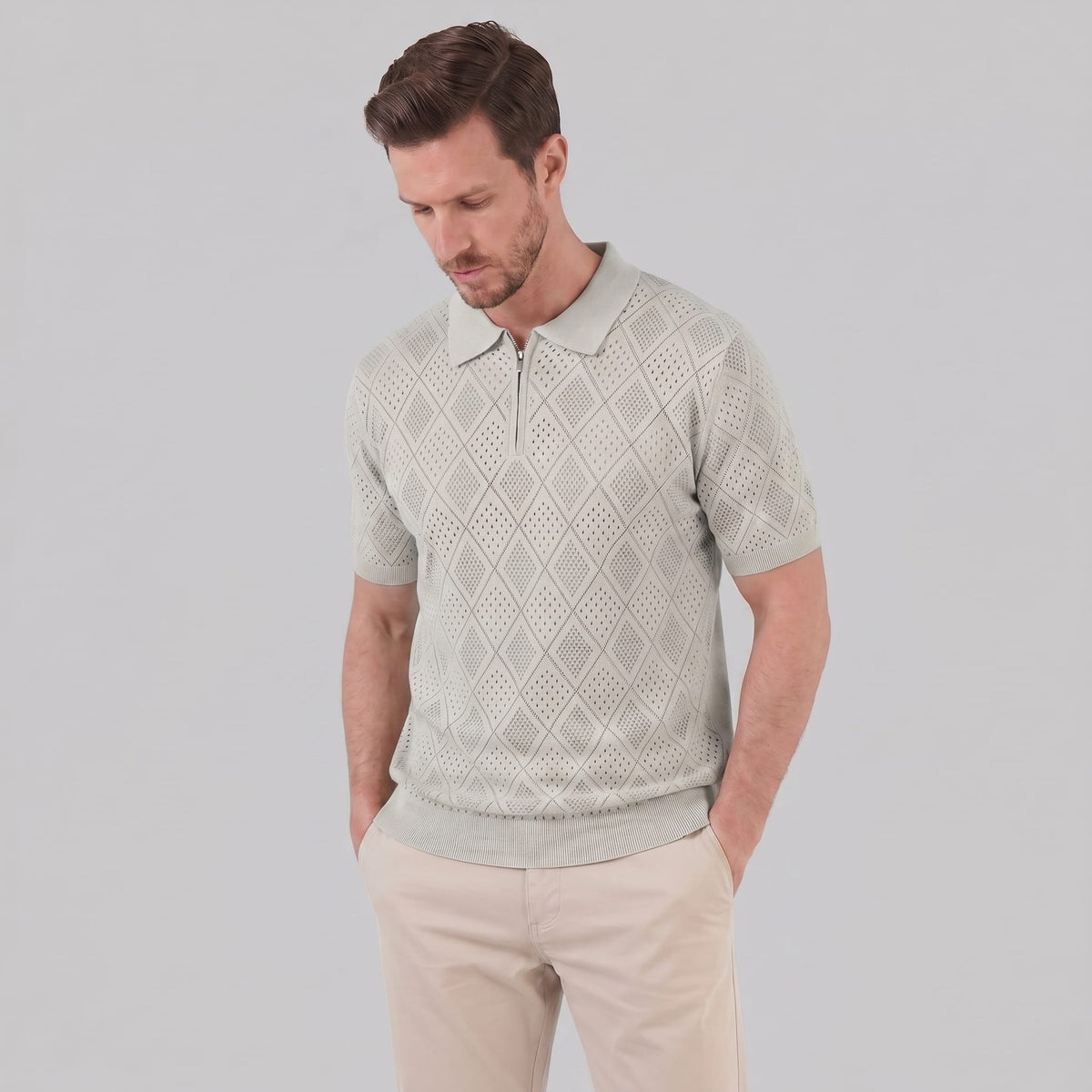 Herren Strickpoloshirt mit Reißverschluss Rautenmuster | Leo_16