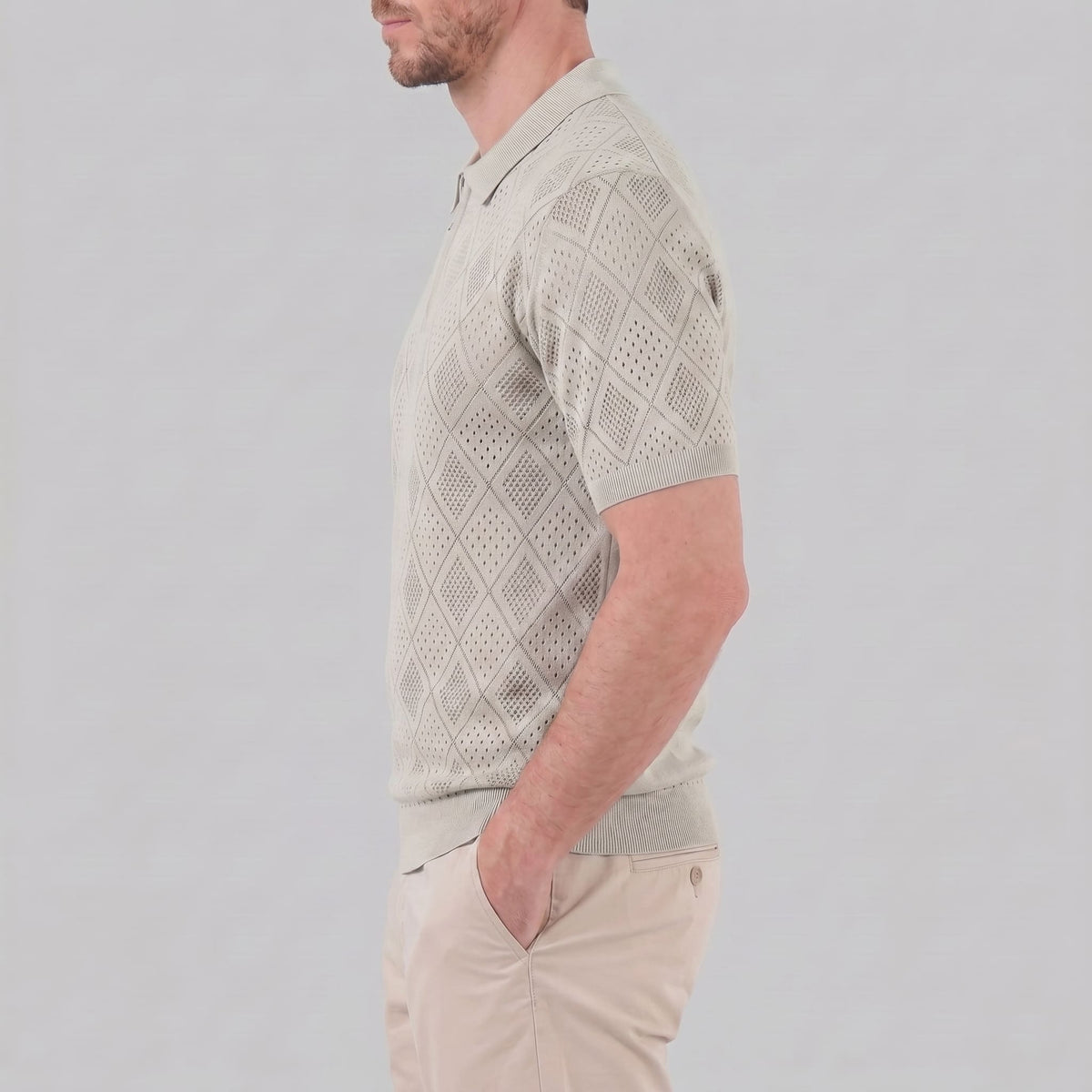 Herren Strickpoloshirt mit Reißverschluss Rautenmuster | Leo_17