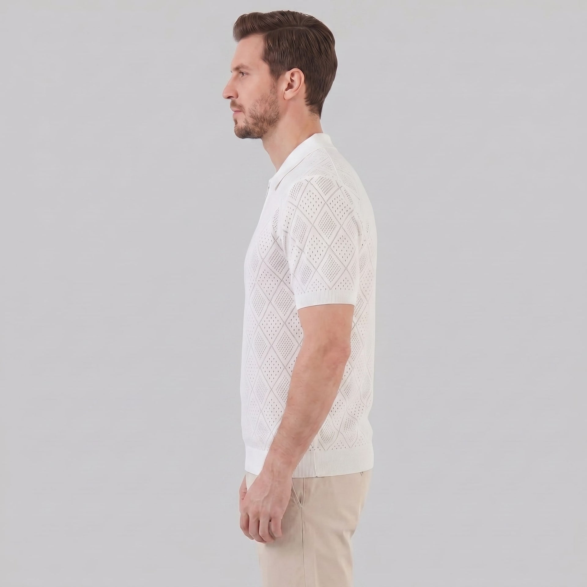 Herren Strickpoloshirt mit Reißverschluss Rautenmuster | Leo