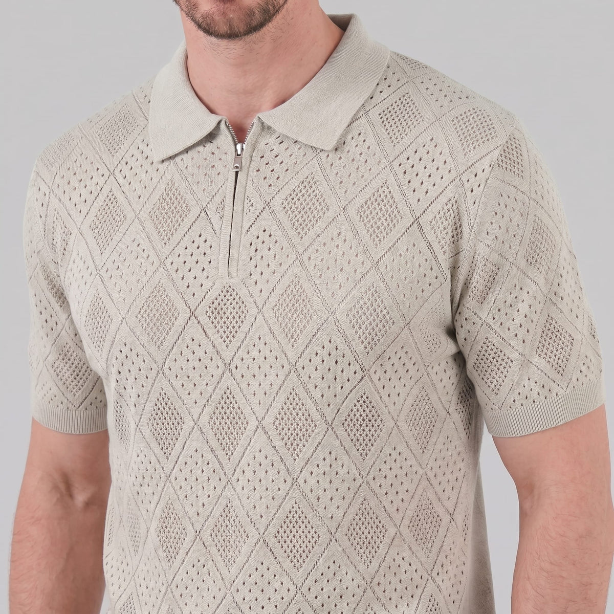 Herren Strickpoloshirt mit Reißverschluss Rautenmuster | Leo