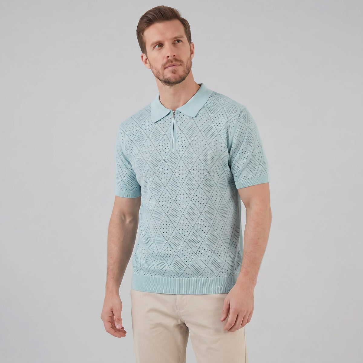 Herren Strickpoloshirt mit Reißverschluss Rautenmuster | Leo