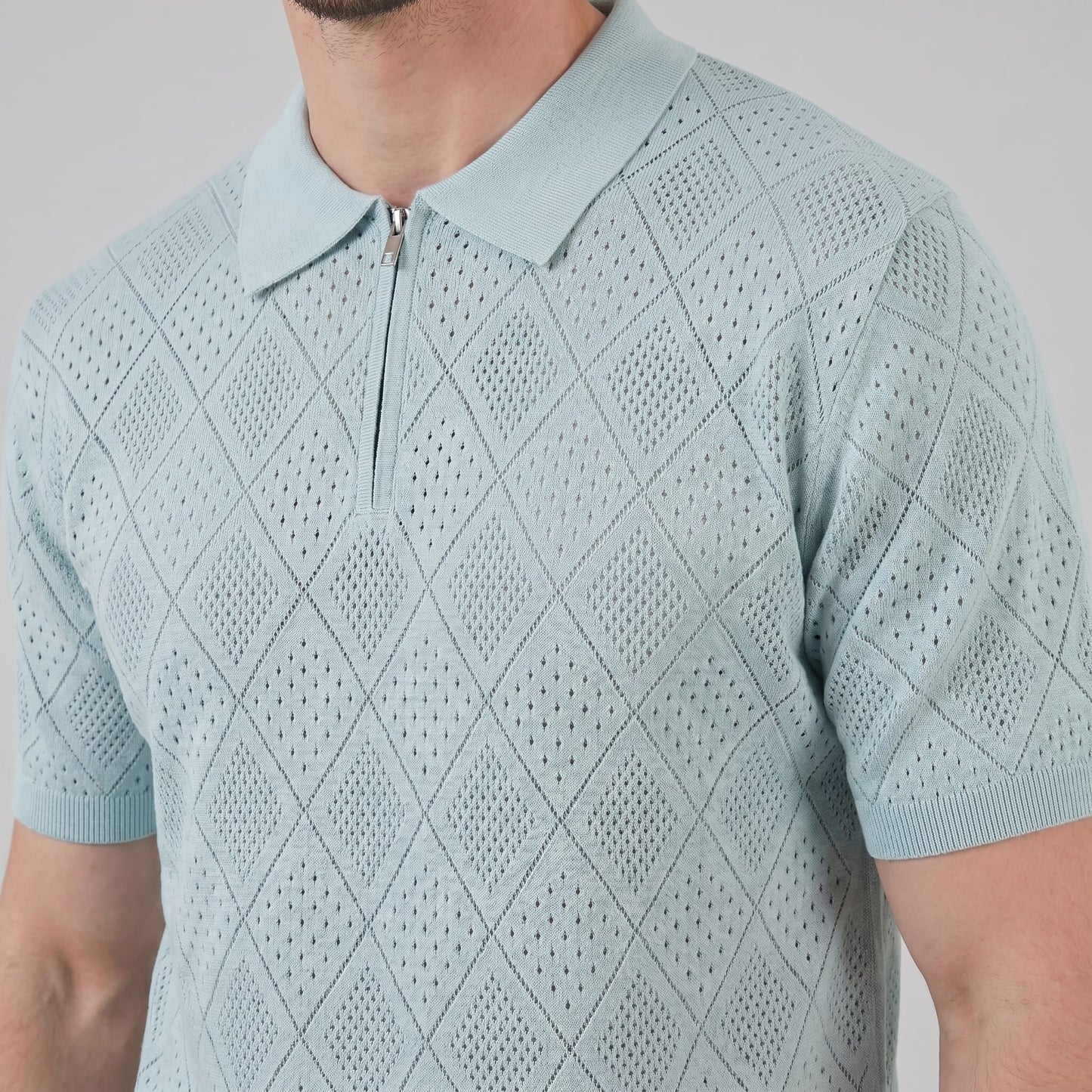 Herren Strickpoloshirt mit Reißverschluss Rautenmuster | Leo_24