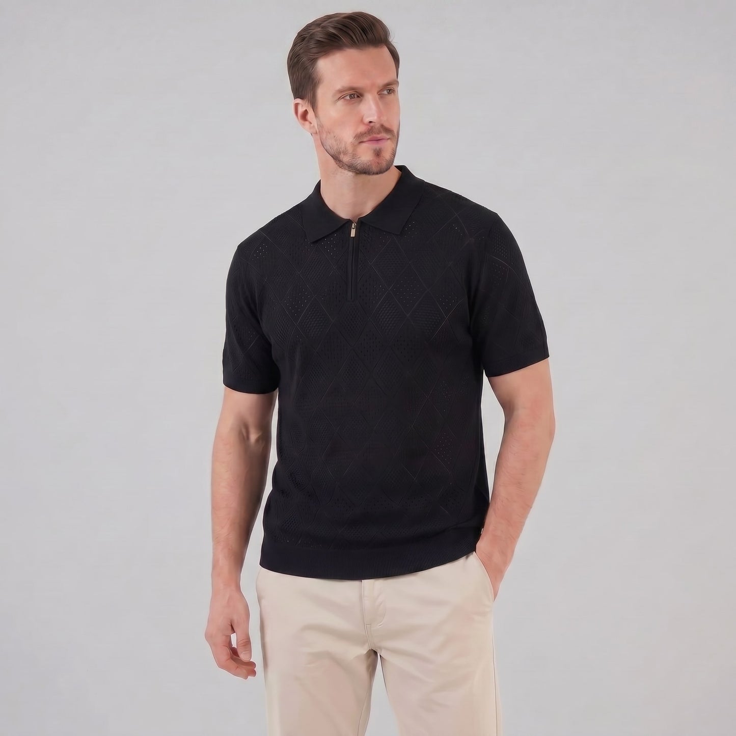 Herren Strickpoloshirt mit Reißverschluss Rautenmuster | Leo_6