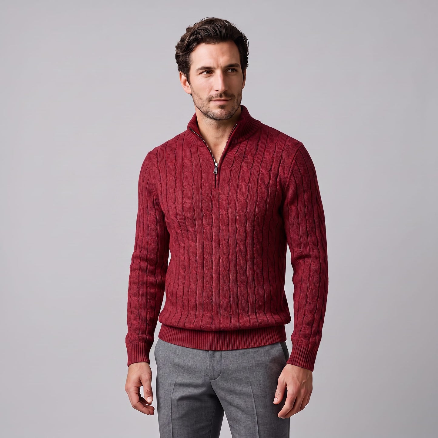 Herren Baumwollpullover Troyer mit Zopfmuster | Samuel_36