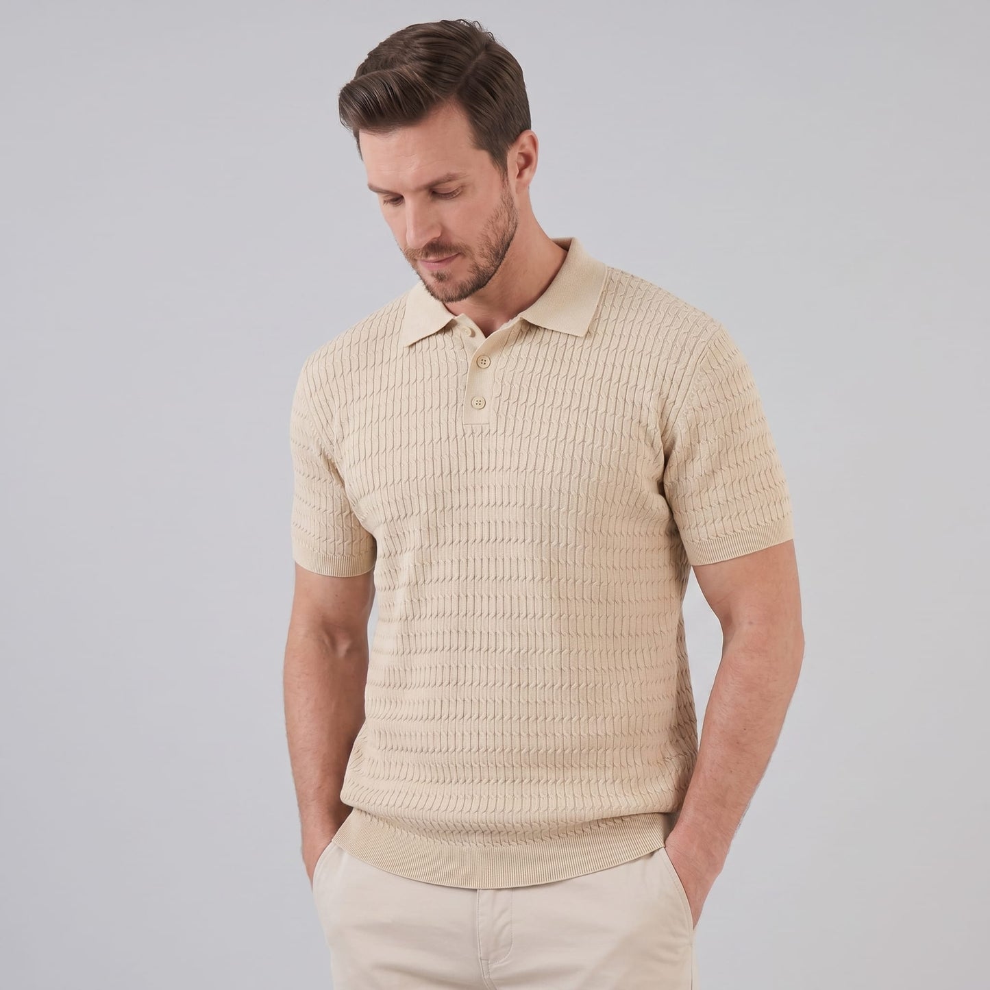 Herren Strickpoloshirt Zopfmuster Slim Fit | Leonhard_1