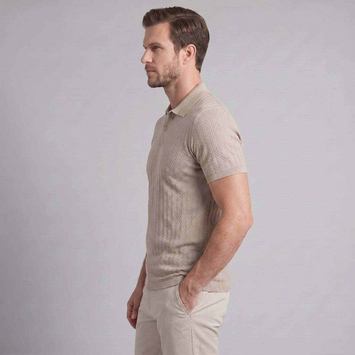 Herren Strickpoloshirt Fischgratmuster Regular Fit | Leopold_15