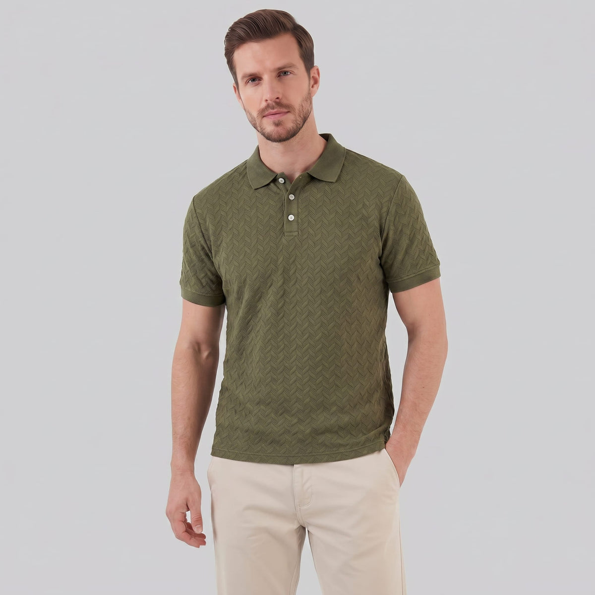 Herren Strickpoloshirt Fischgratmuster Regular Fit | Leopold_17