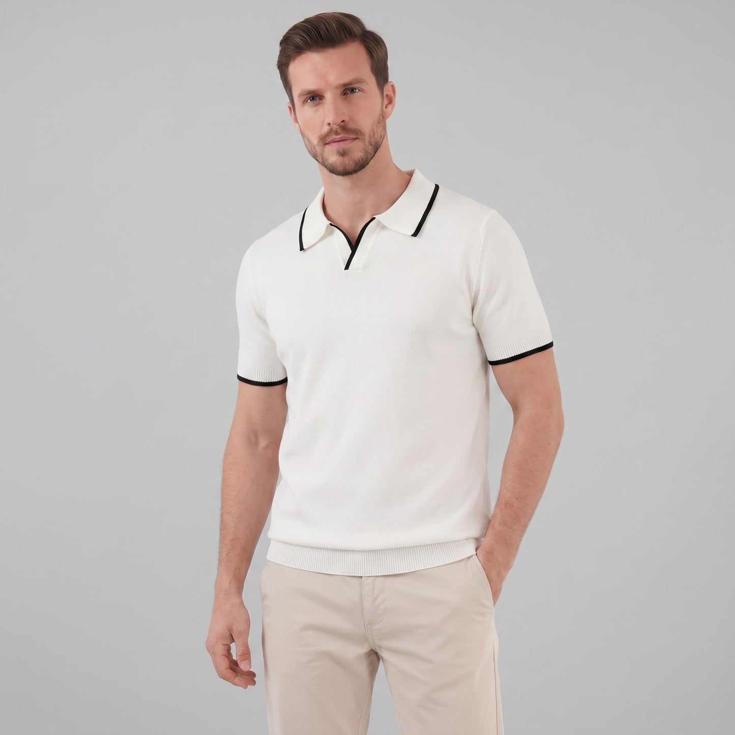 Herren Strickpoloshirt mit Kontrastpaspel Slim Fit | Eike_7
