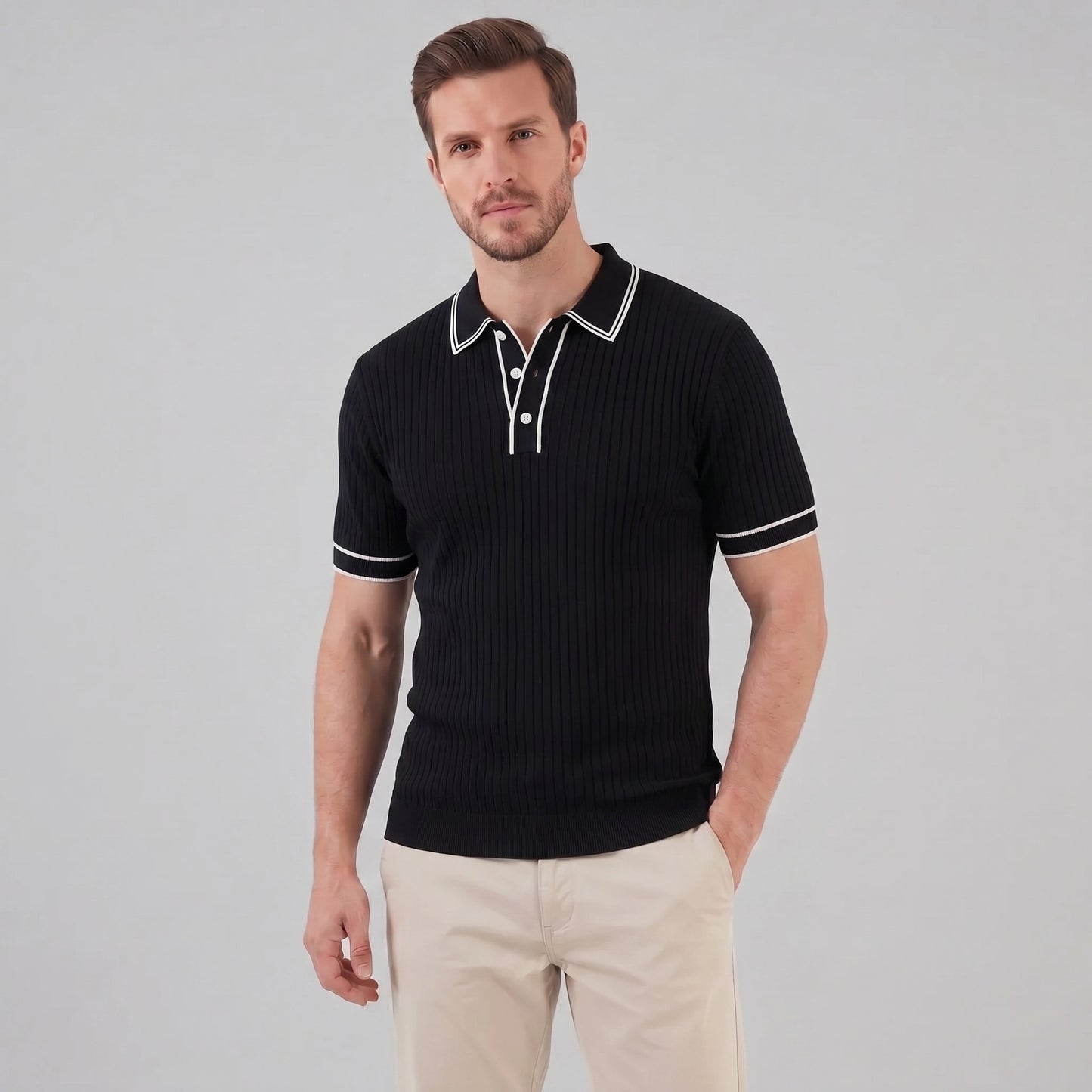 Herren Strickpoloshirt Rippstruktur mit Kontrastpaspel | Emil_1