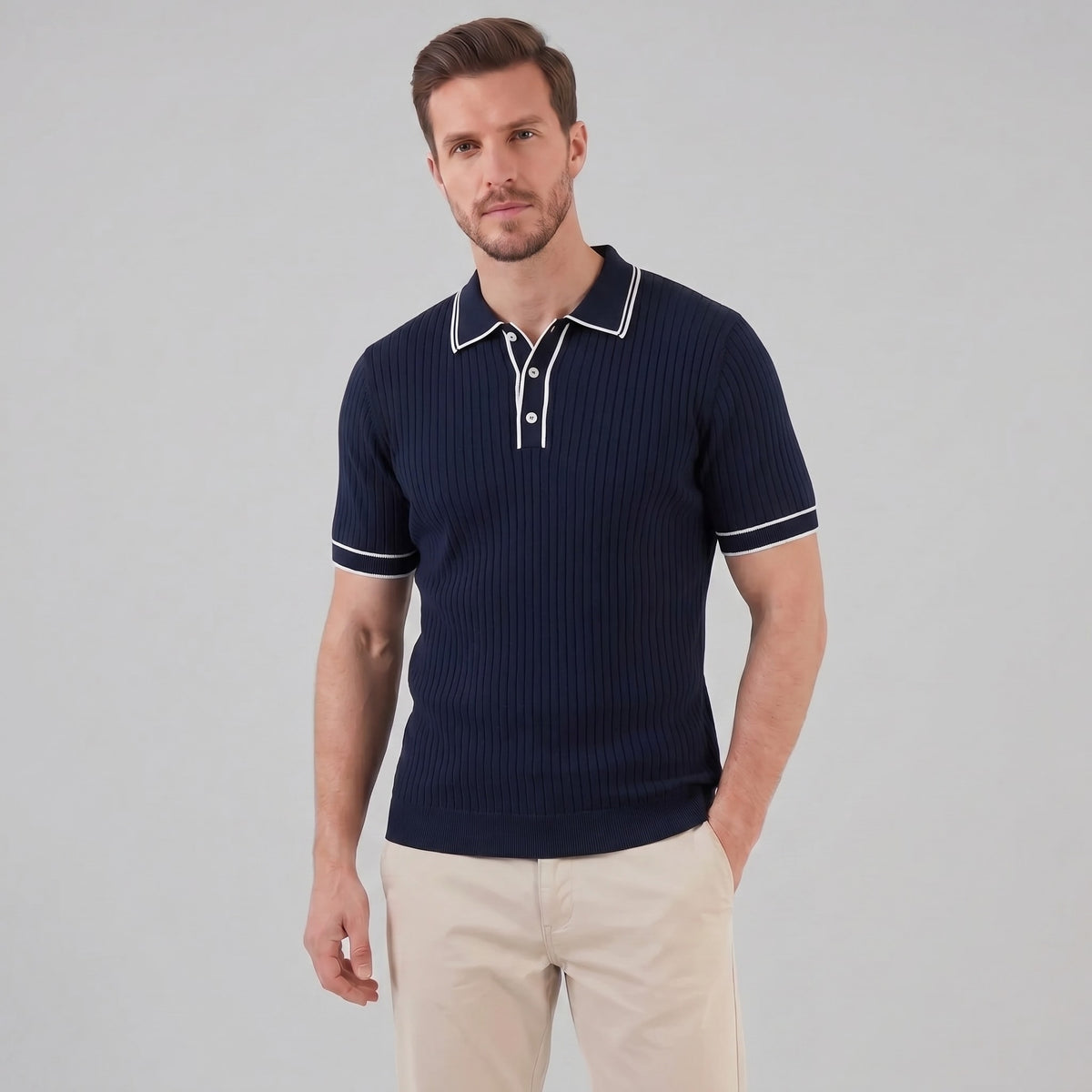 Herren Strickpoloshirt Rippstruktur mit Kontrastpaspel | Emil