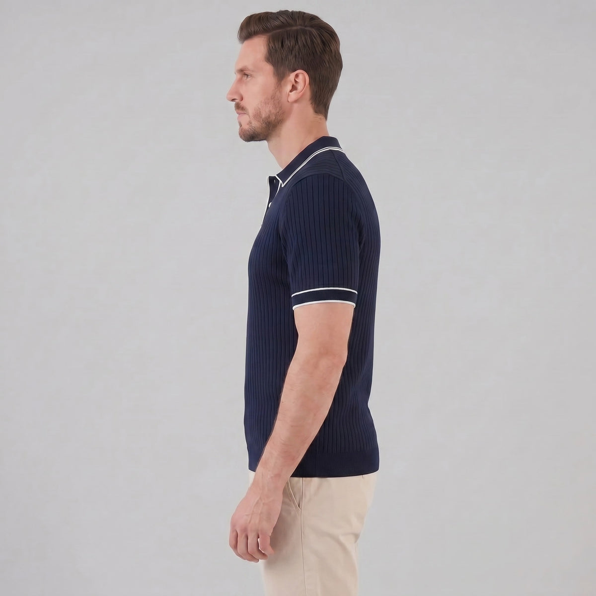 Herren Strickpoloshirt Rippstruktur mit Kontrastpaspel | Emil_12