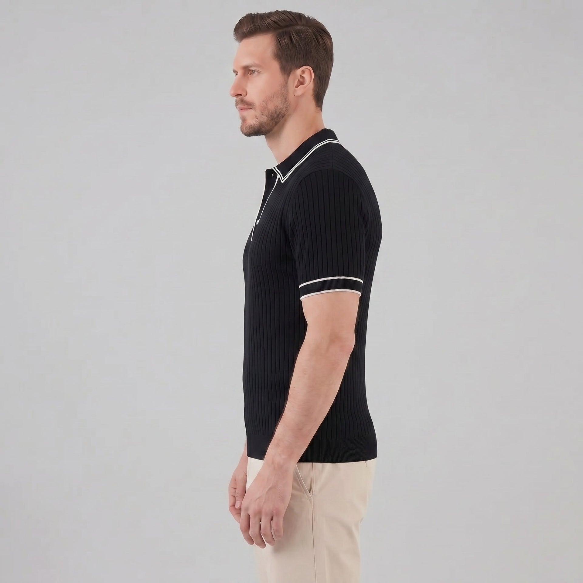 Herren Strickpoloshirt Rippstruktur mit Kontrastpaspel | Emil