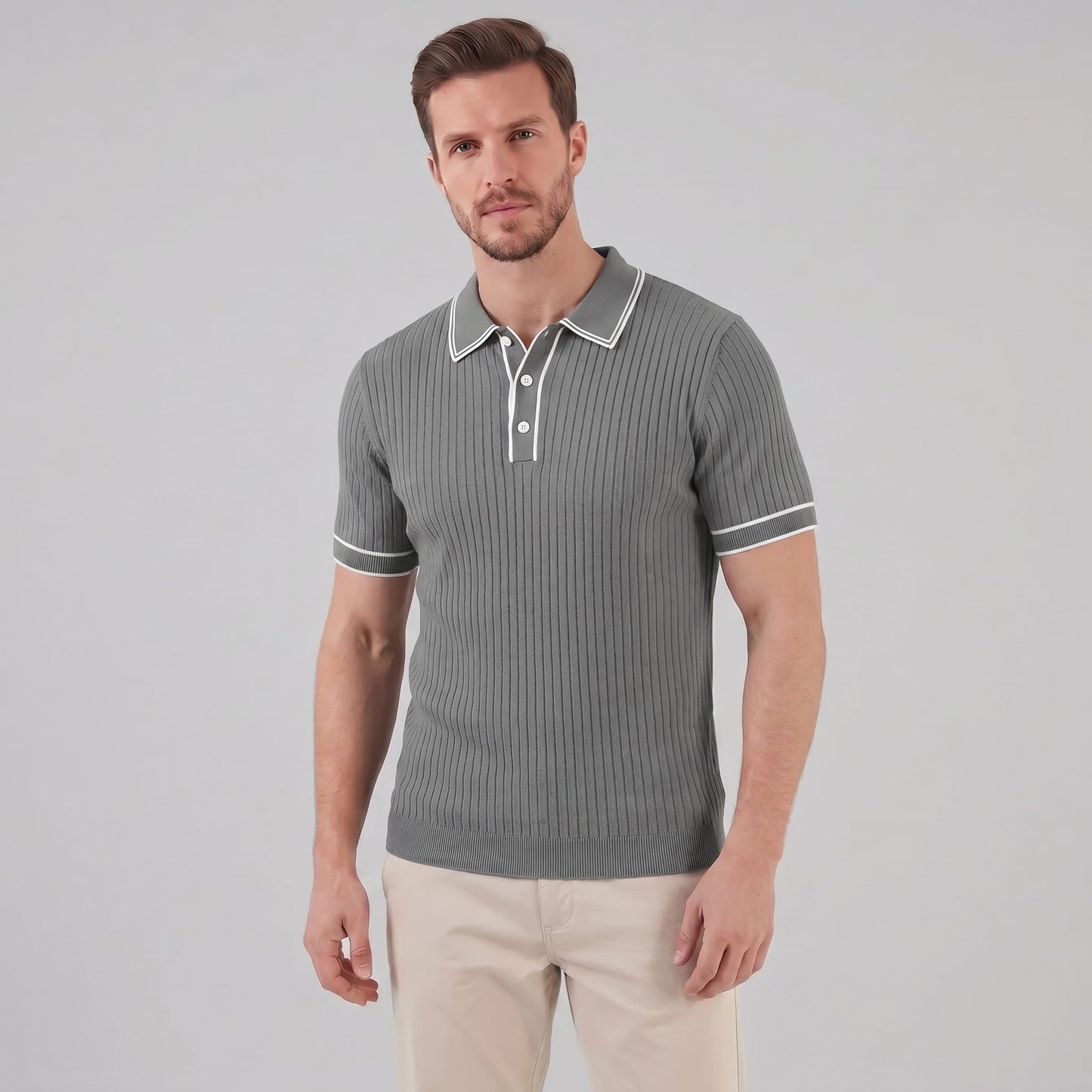 Herren Strickpoloshirt Rippstruktur mit Kontrastpaspel | Emil_21