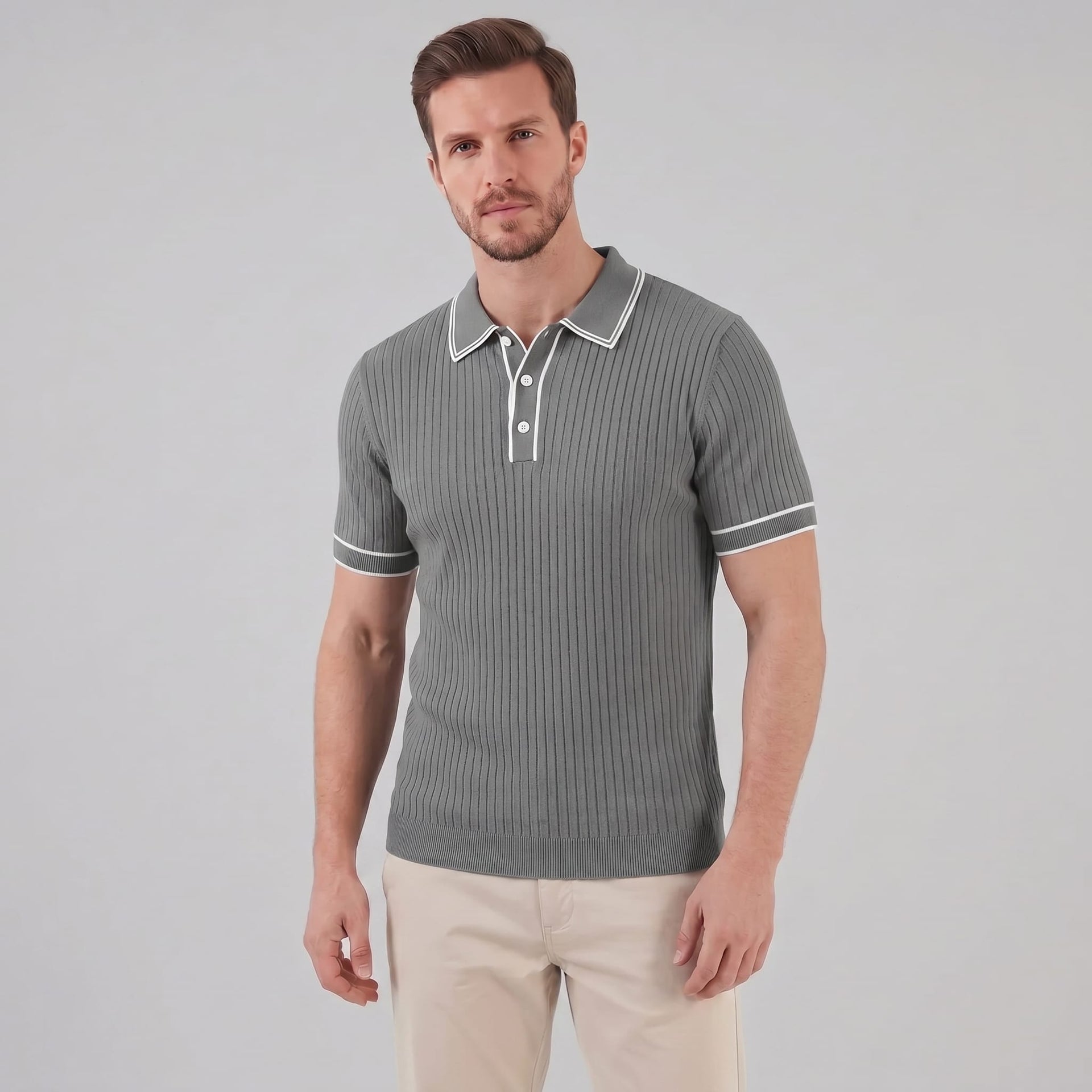 Herren Strickpoloshirt Rippstruktur mit Kontrastpaspel | Emil