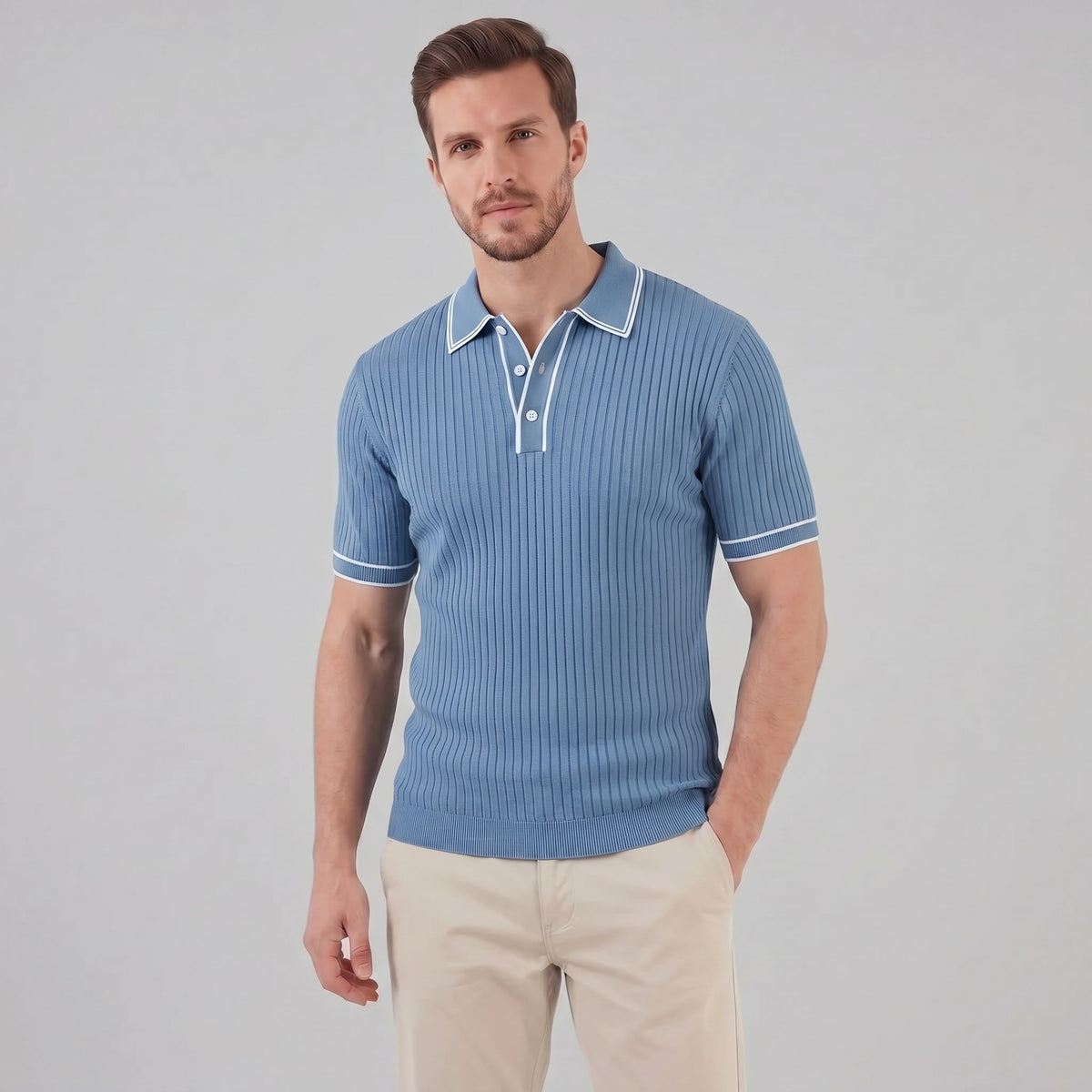 Herren Strickpoloshirt Rippstruktur mit Kontrastpaspel | Emil_26