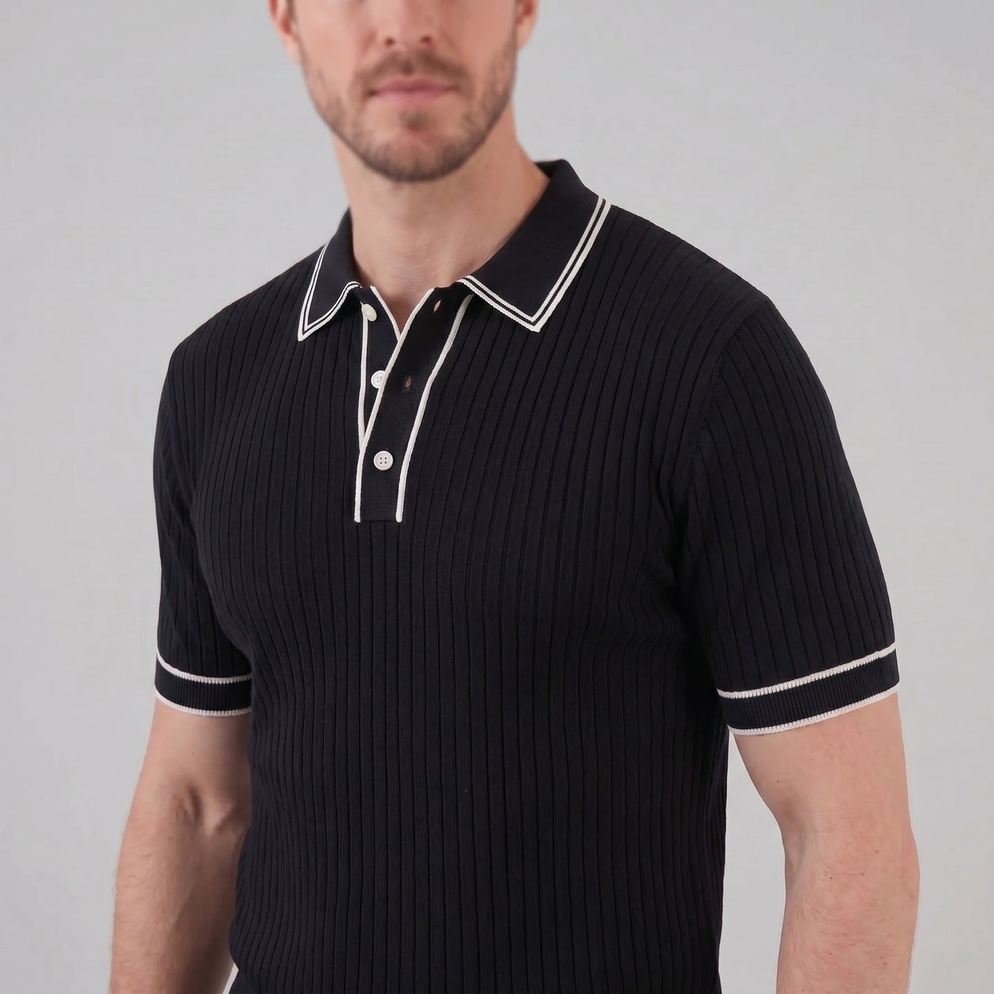 Herren Strickpoloshirt Rippstruktur mit Kontrastpaspel | Emil_4