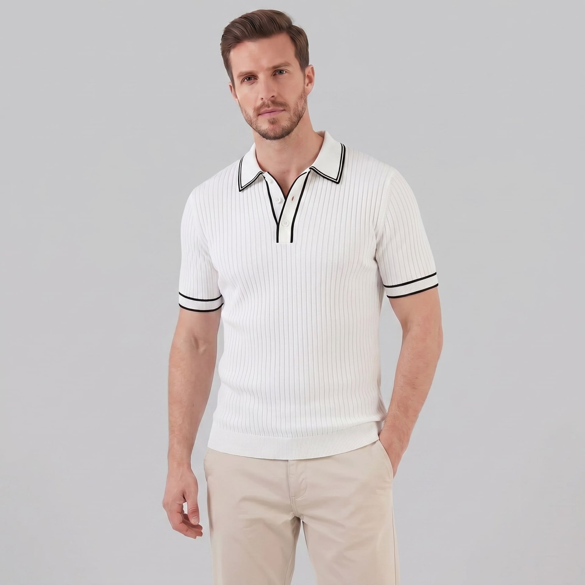 Herren Strickpoloshirt Rippstruktur mit Kontrastpaspel | Emil