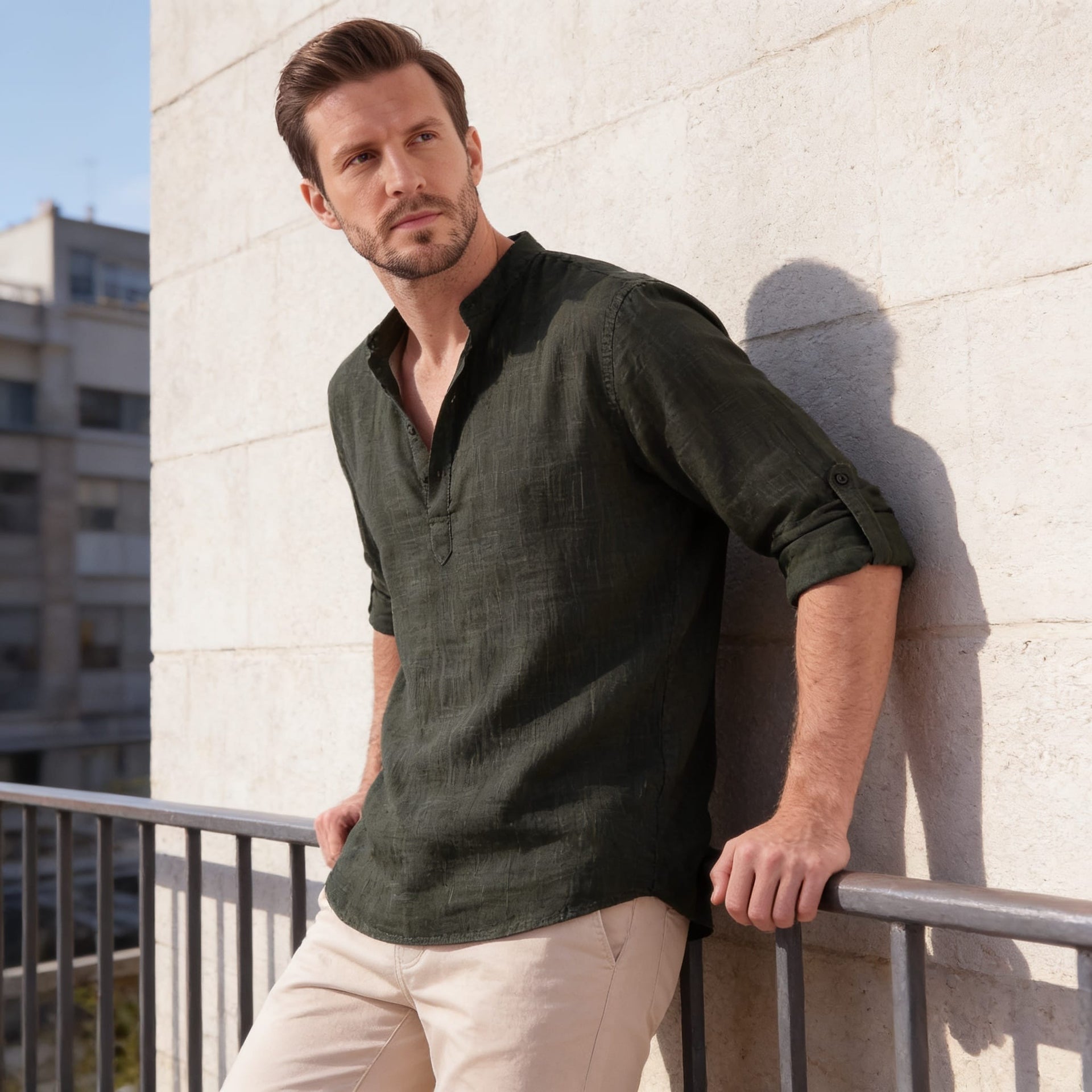 Herren Baumwollhemd Henley mit Krempelärmeln | Gottfried