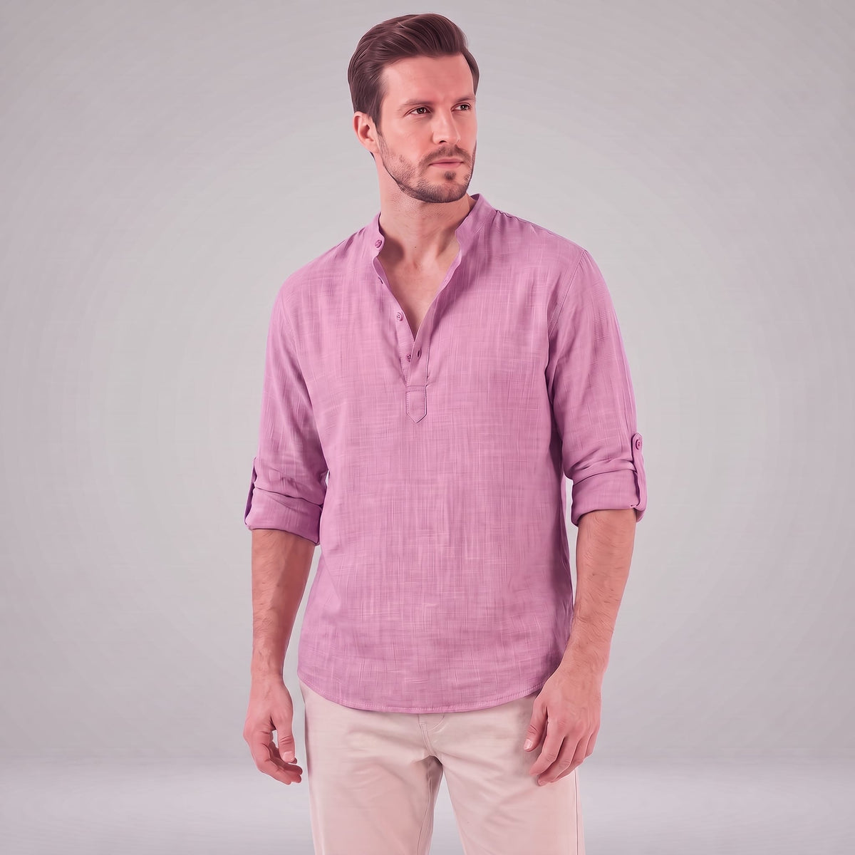 Herren Baumwollhemd Henley mit Krempelärmeln | Gottfried