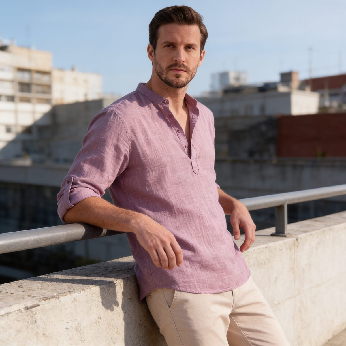 Herren Baumwollhemd Henley mit Krempelärmeln | Gottfried