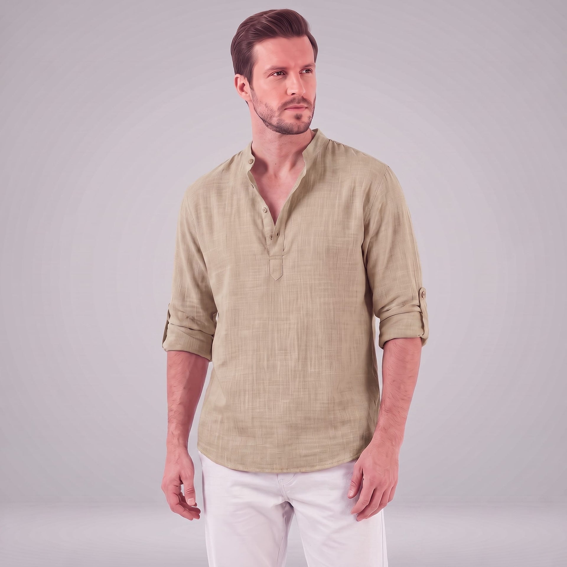 Herren Baumwollhemd Henley mit Krempelärmeln | Gottfried