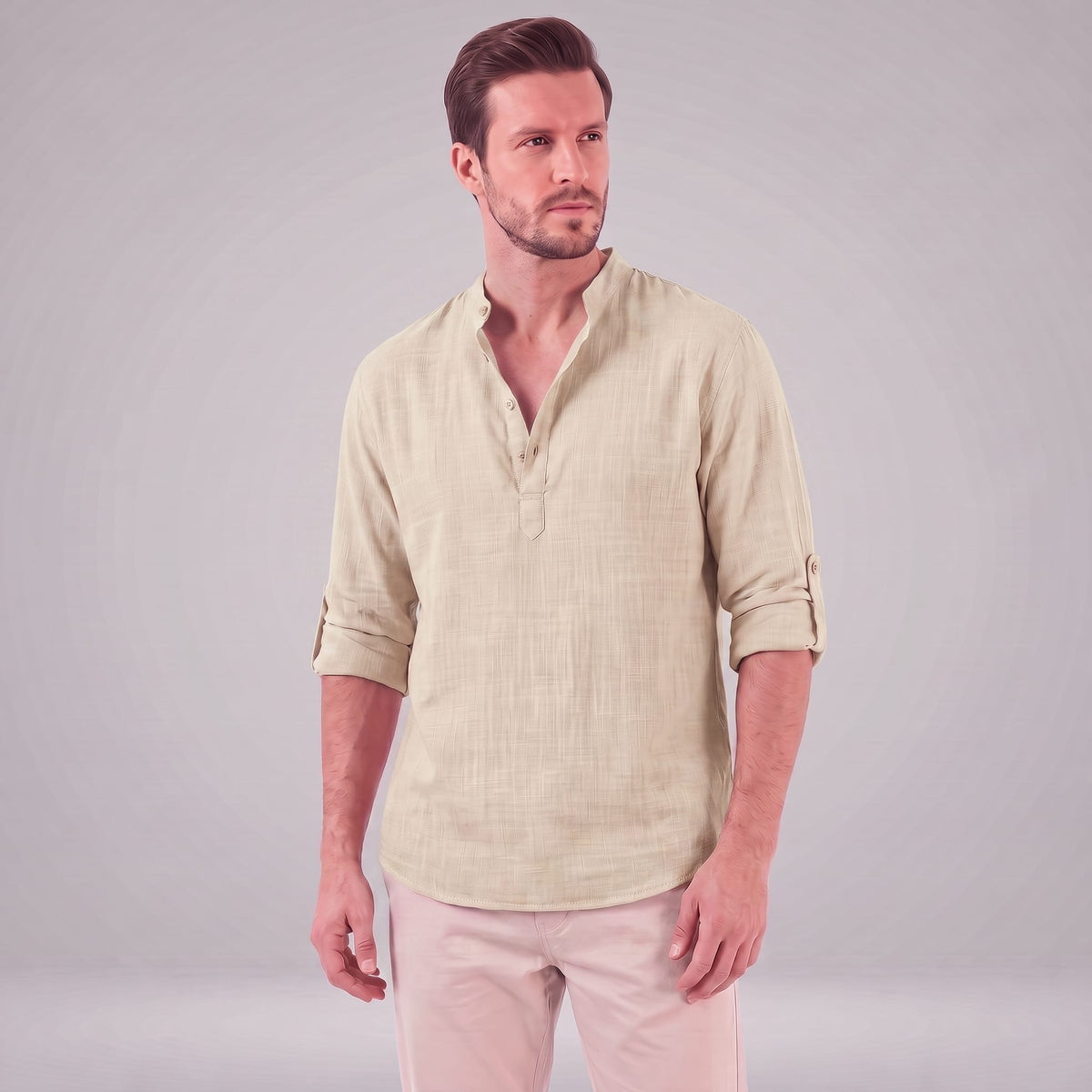 Herren Baumwollhemd Henley mit Krempelärmeln | Gottfried_30