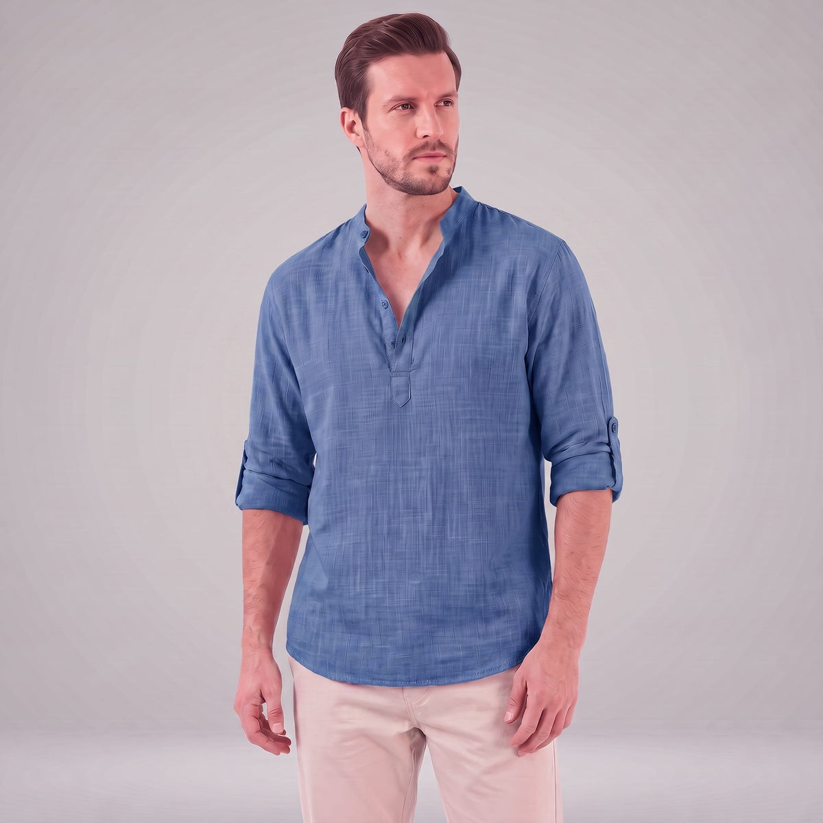 Herren Baumwollhemd Henley mit Krempelärmeln | Gottfried_36