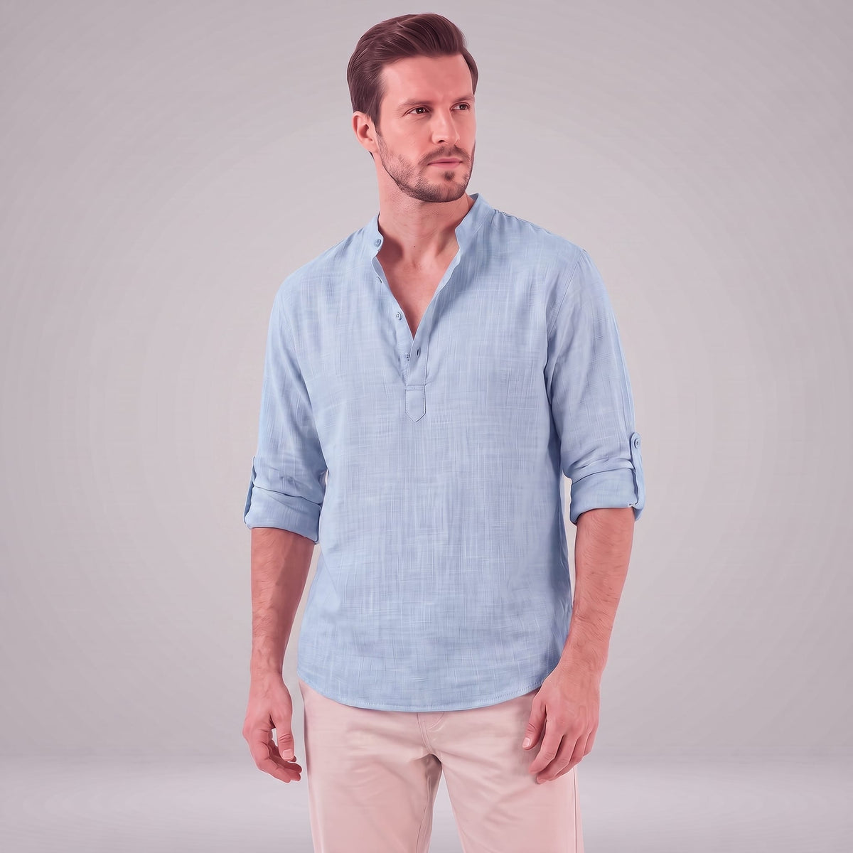 Herren Baumwollhemd Henley mit Krempelärmeln | Gottfried