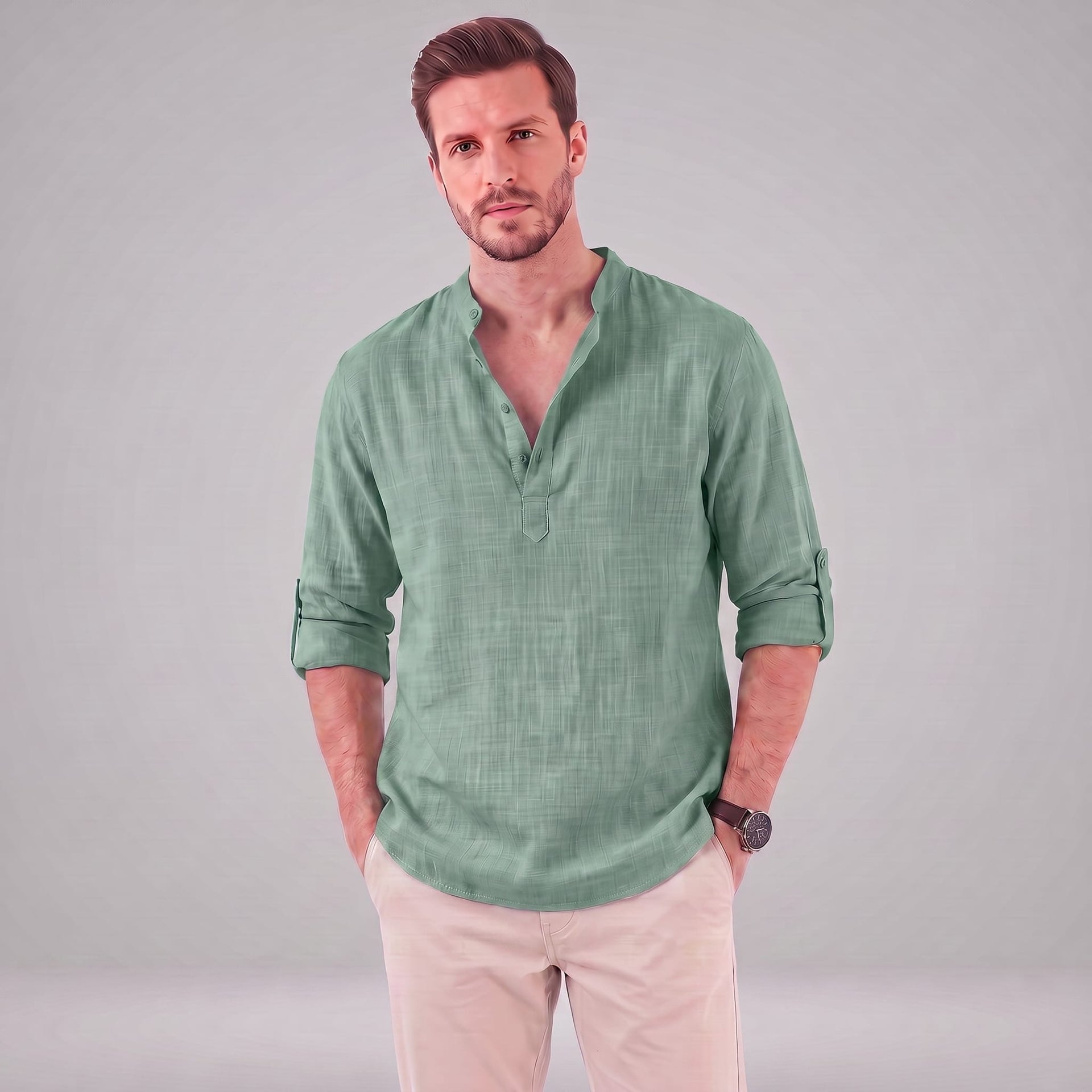 Herren Baumwollhemd Henley mit Krempelärmeln | Gottfried