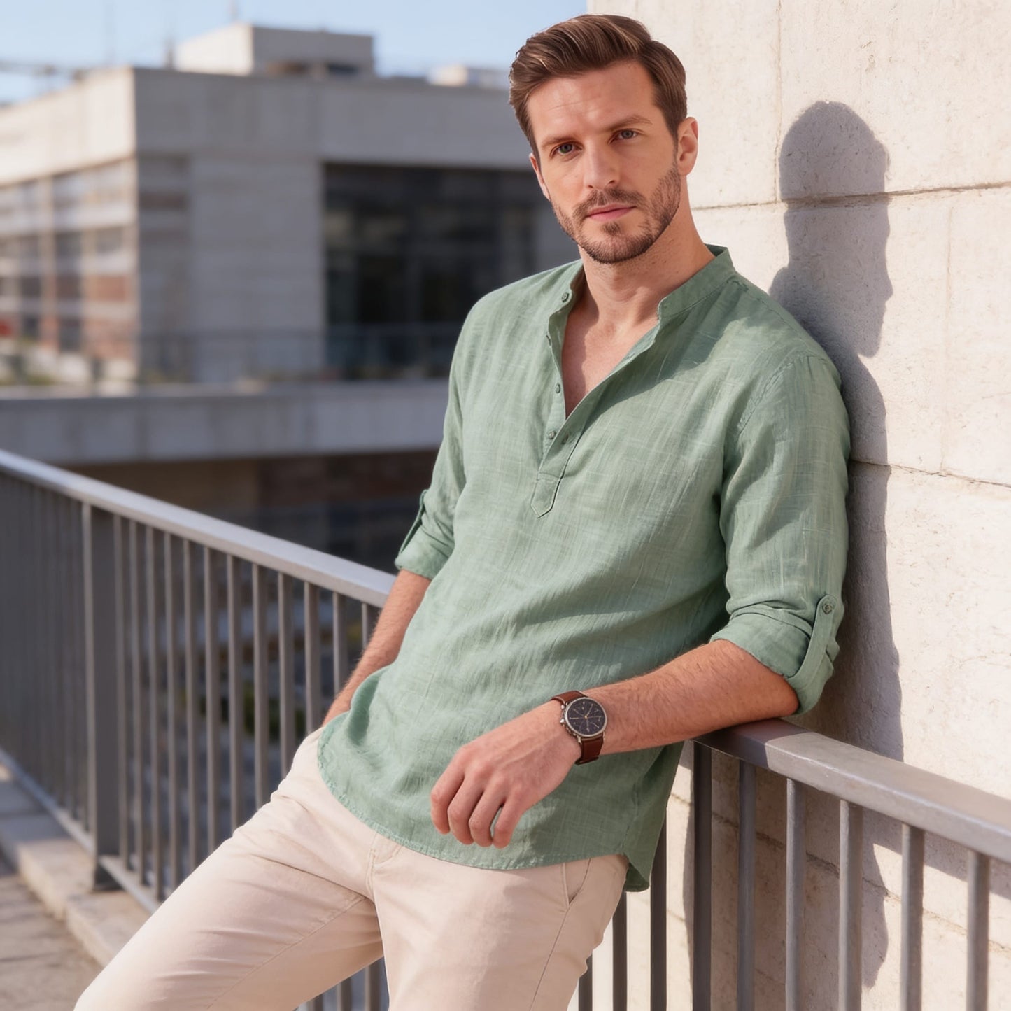 Herren Baumwollhemd Henley mit Krempelärmeln | Gottfried_53